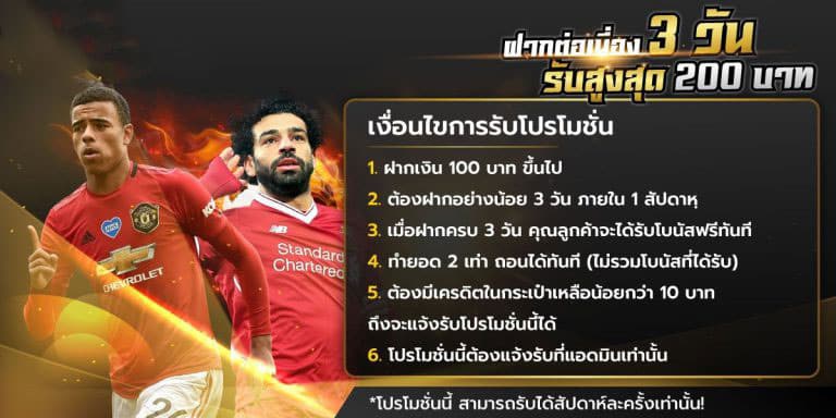 โปรโมชั่นที่ 3 ฝากต่อเนื่อง 3 วัน รับสูงสุด 200 